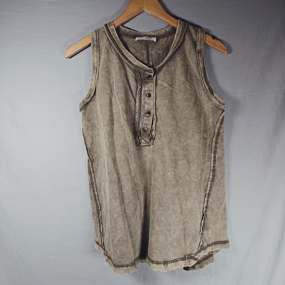 Zenana Mocha Brown Mineral Wash Henley Tank Top TTW-5251Y‎ Size M New